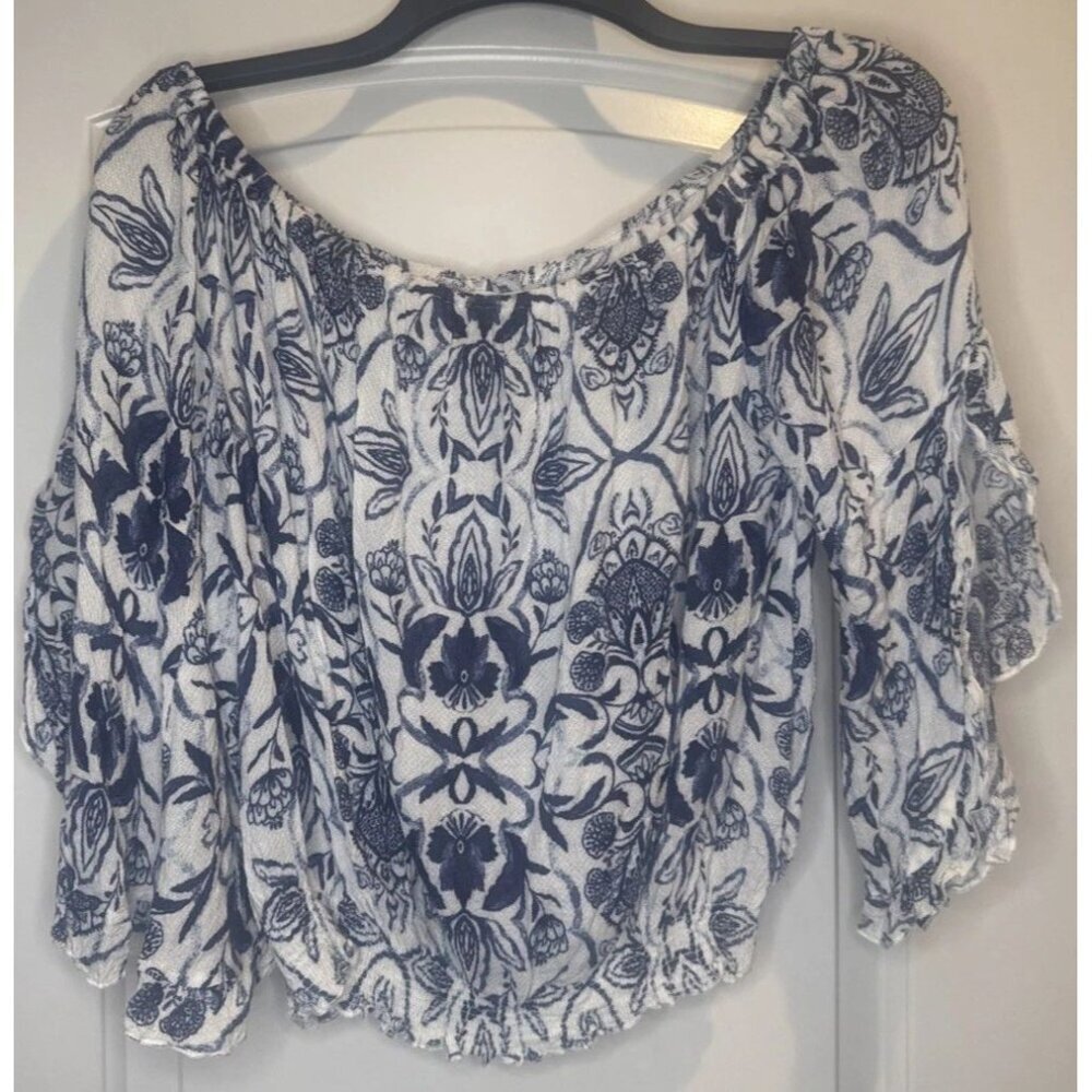 COCO + JAIMESON Womens Blue White Off Shoulder Split Sleeve Crop Top Blouse Sz S